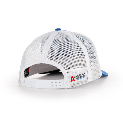 Blue and White American Augers Hat Front Image on white background