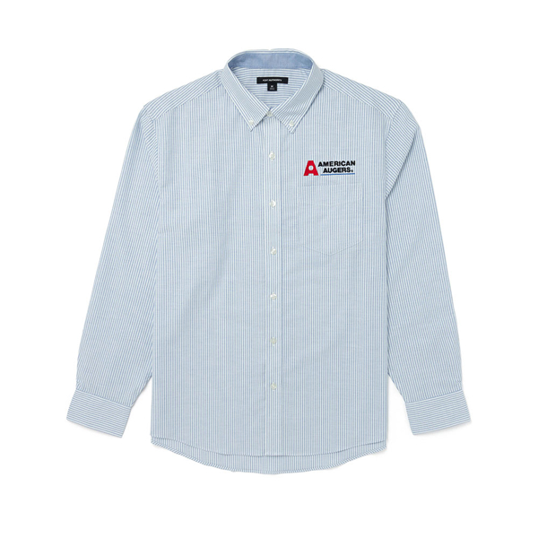 Image of a blue and white striped button down with American Augers logo on front left chest