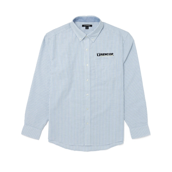 Image of a blue and white striped button down with Trencor logo on front left chest