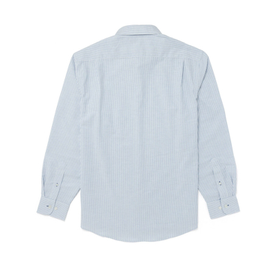 Image of a blue and white striped button down with Trencor logo on front left chest