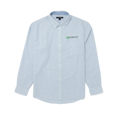 Image of a blue and white striped button down with Subsite logo on front left chest