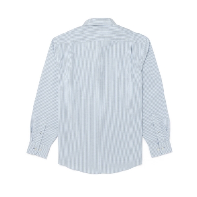 Image of a blue and white striped button down with Subsite logo on front left chest