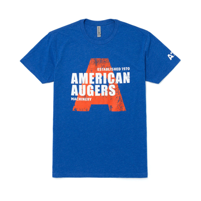 Image of a blue tee with red and white American Augers logo