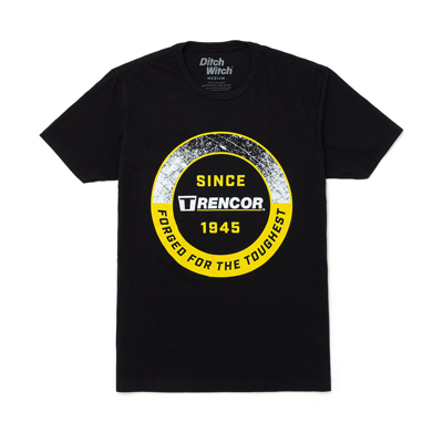 Image of a black tee with a white and yellow Trencor design