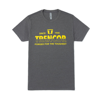 Image of a gray tee with a yellow Trencor design on the front