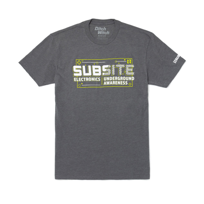 Image of a gray tee with white and green Subsite design