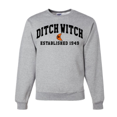 Ditch Witch Grey Collegiate Crewneck front view with logo and established 1949 design