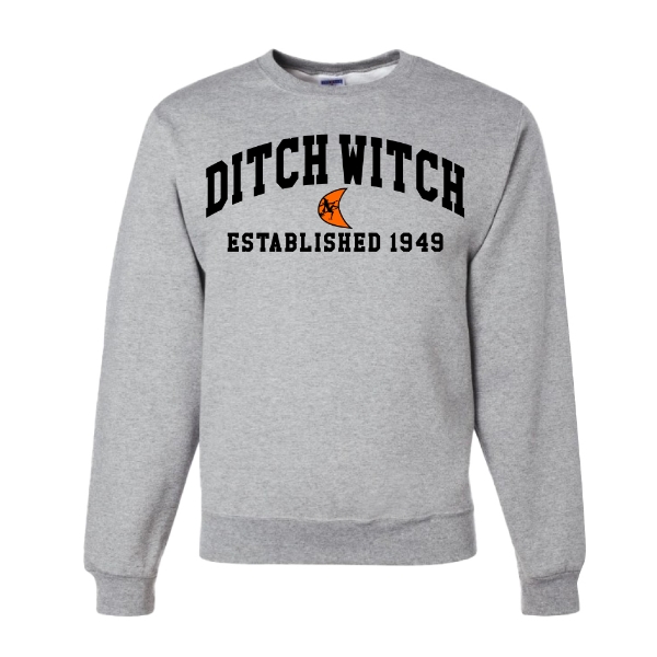 Ditch Witch Grey Collegiate Crewneck front view with logo and established 1949 design