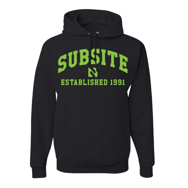 Subsite Collegiate Hoodie front view with green logo and established 1991 design