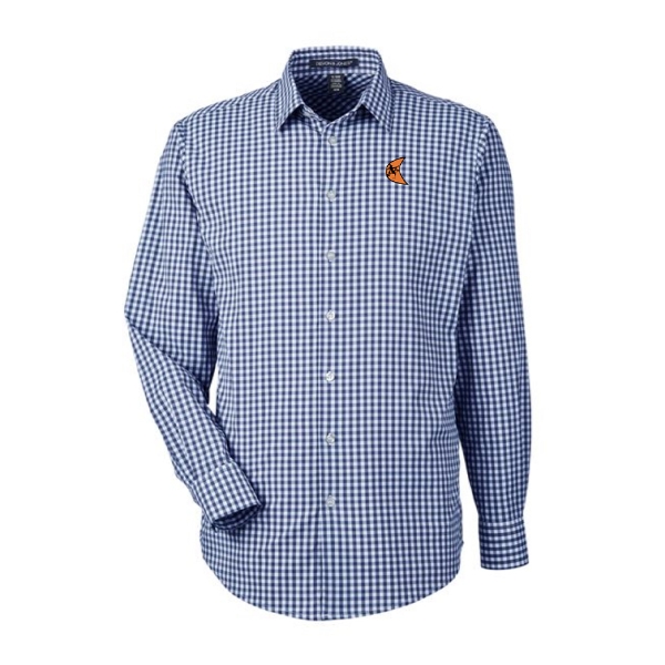 Ditch Witch Button Up in blue and white gingham with embroidered logo
