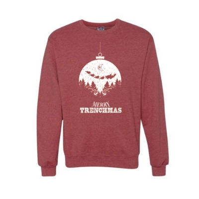 Merry Trenchmas Holiday Sweater Red holiday crewneck sweater with white “Merry Trenchmas” ornament design featuring trees and trenching equipment
