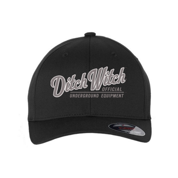 Black fitted baseball hat with “Ditch Witch Official Underground Equipment” embroidered logo on front