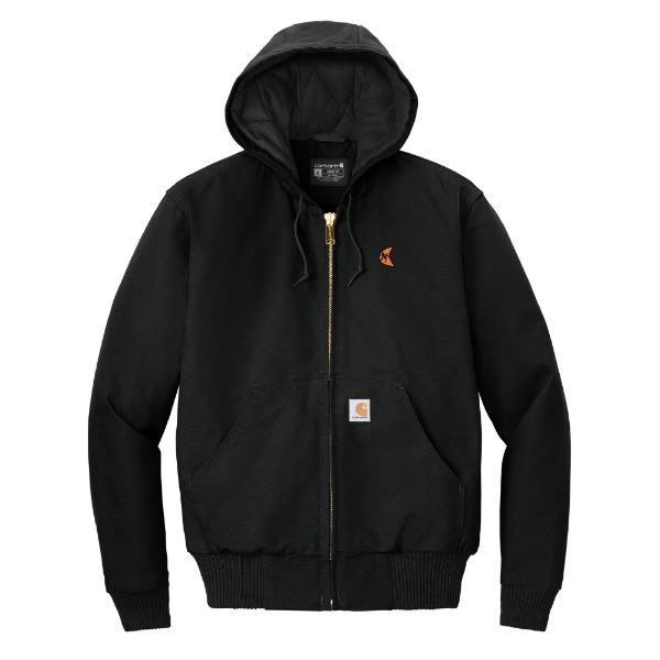 Black Carhartt jacket with Ditch Witch logo, full-length brass zipper, and quilted-flannel lining.