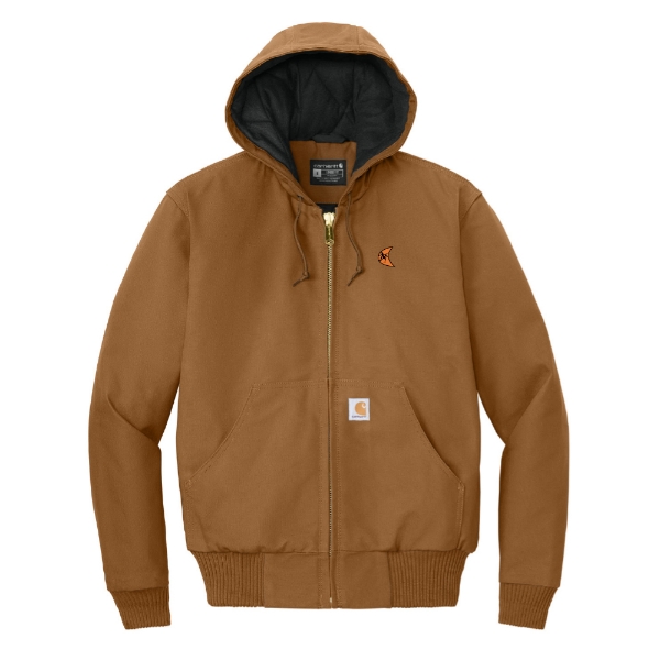 Brown Carhartt jacket with Ditch Witch logo, brass zipper, and quilted-flannel lining.