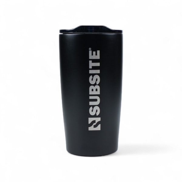 Black Subsite Himalayan Tumbler with silver vertical Subsite logo on front, featuring a black lid.