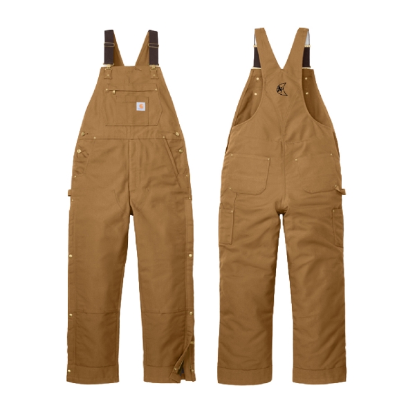 Front and back view of Carhartt bib overalls in brown with Ditch Witch logo decoration on the back.