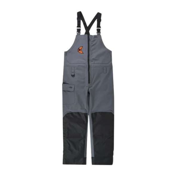 Front view of gray AFTCO Hydro Bibs with black reinforced knees and Ditch Witch logo on the chest.
