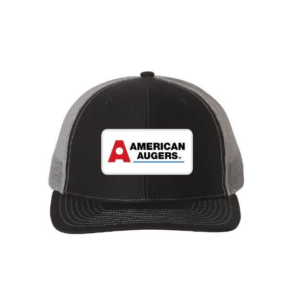 American Augers patch hat with black front, gray mesh back, and adjustable snapback.