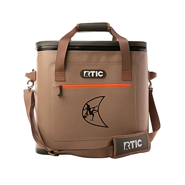 Ditch Witch branded RTIC 30-Can Ultra Tough Soft Cooler in tan with shoulder strap and front zipper pocket.