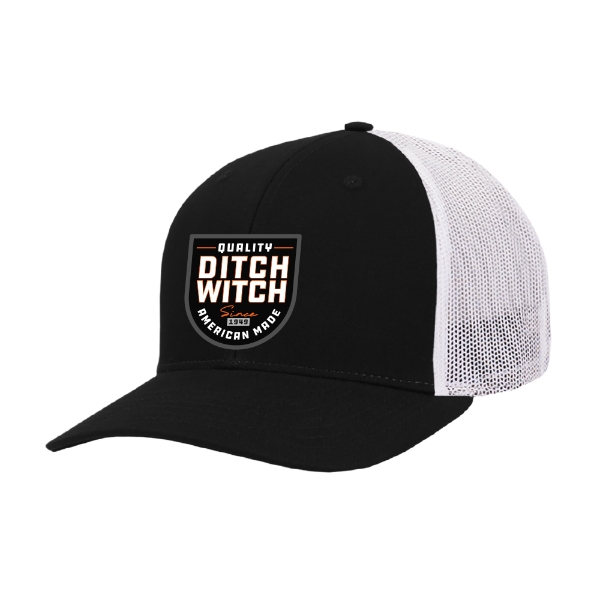 Black and white trucker hat with a Ditch Witch “Quality American Made” front patch logo.