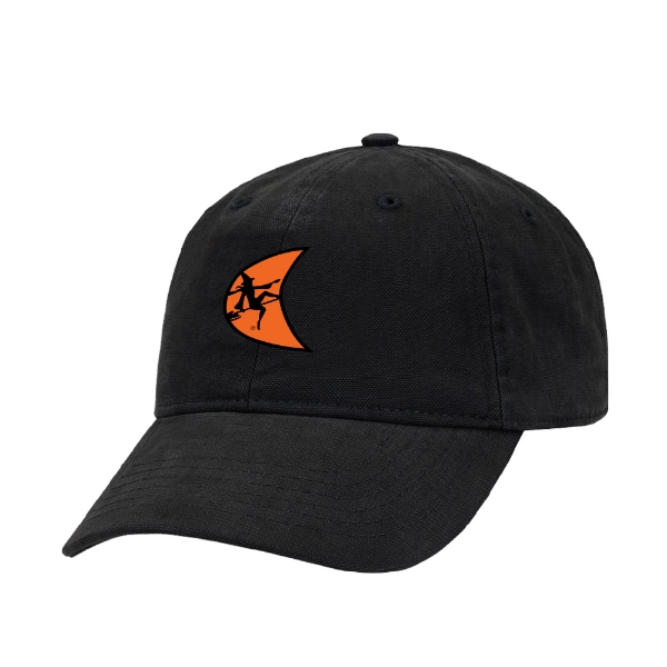 Black unstructured dad hat with an orange Ditch Witch moon logo on the front left panel.