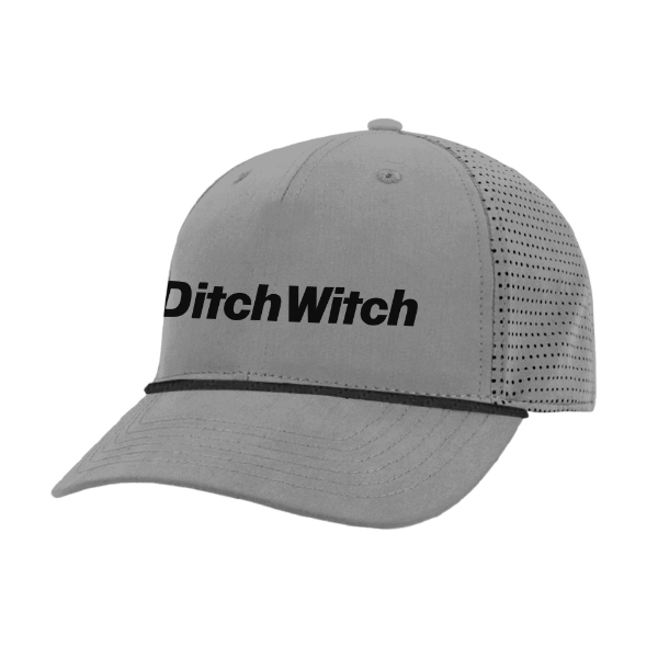 Grey performance hat with a black Ditch Witch wordmark, perforated back panels, and a black accent rope across the bill.