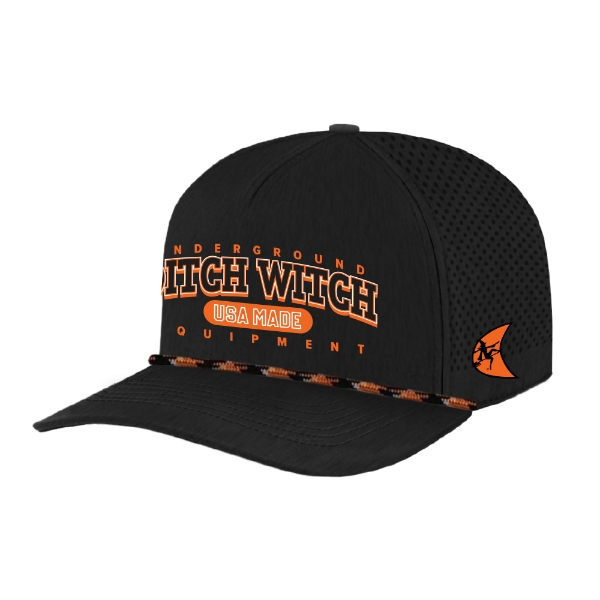 Black performance hat with bold orange Ditch Witch branding, perforated side and back panels, and a patterned accent rope across the bill.