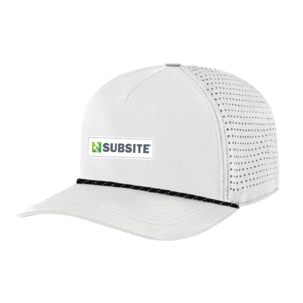 White performance hat with a Subsite logo patch on the front, perforated side/back panels, and a black accent rope on the bill.