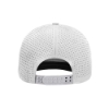 White perforated snapback hat with an adjustable closure.