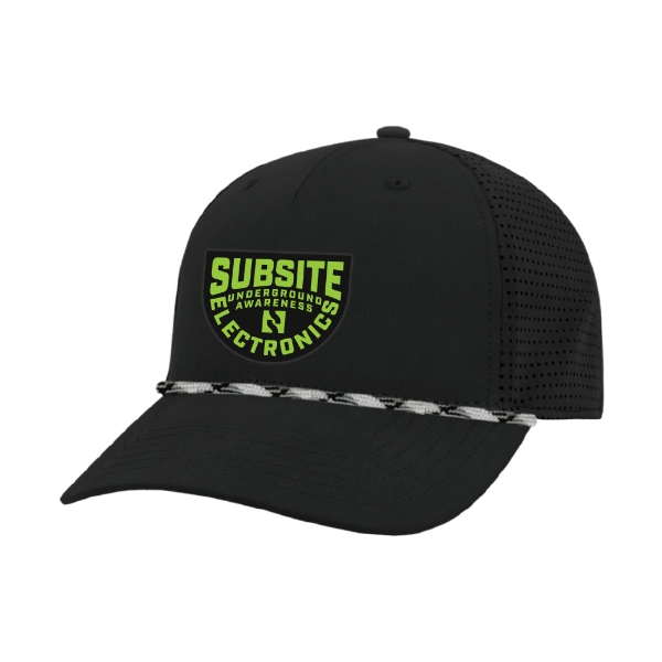 Black performance hat with a Subsite logo on the front panel, perforated side/back panels, and an accent rope across the bill.