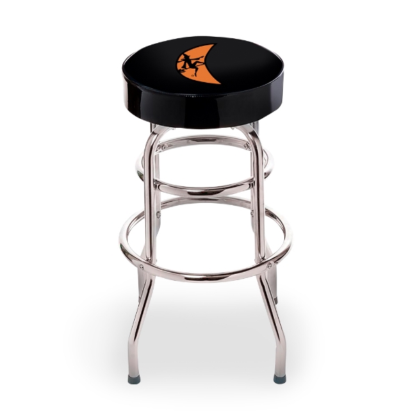 Bar stool with a glossy black round seat featuring the Ditch Witch moon logo and a chrome metal frame with circular support rings.