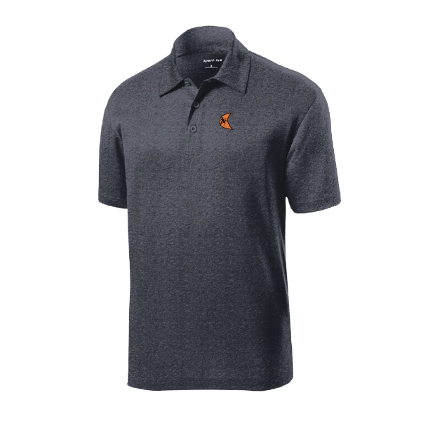 Graphite heather performance polo shirt with a small embroidered Ditch Witch moon logo on the left chest.