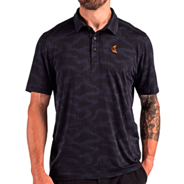 Dark tonal camo performance polo shirt with an embroidered orange Ditch Witch moon logo on the left chest.