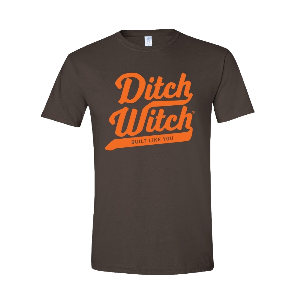 Dark chocolate colored Ditch Witch Script Tee on white background.