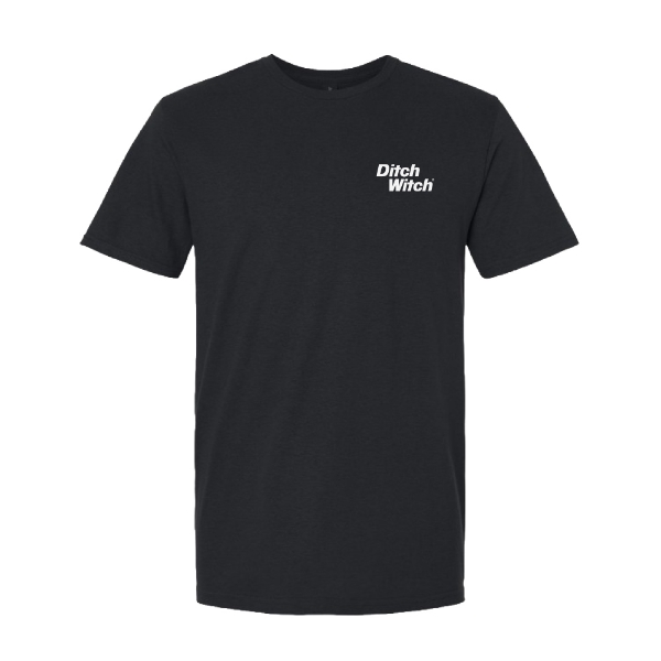 Black t‑shirt with a white Ditch Witch wordmark printed on the left chest.