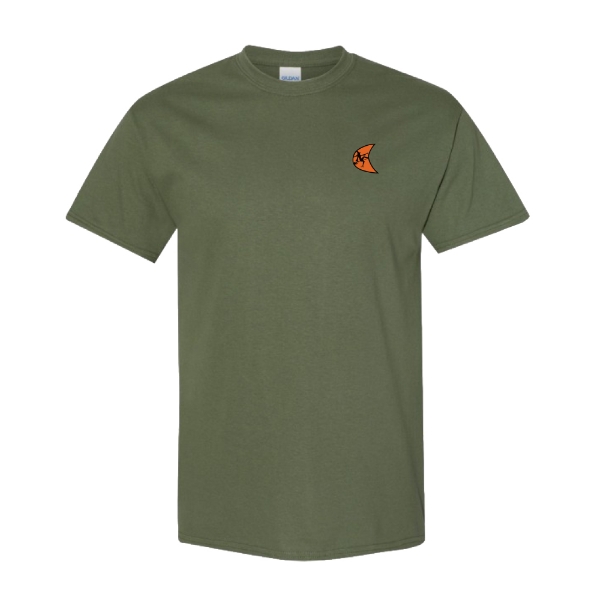 Olive green t‑shirt with a small orange Ditch Witch moon logo on the left chest.