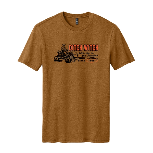 Dark brown heather t‑shirt featuring a vintage Ditch Witch trenching equipment graphic and the text “With You in the Trenches Since 1949.”