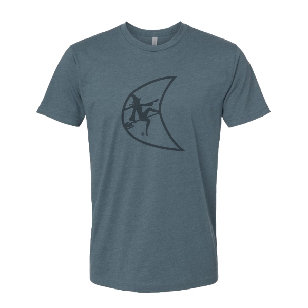 Heathered blue short‑sleeve t‑shirt featuring a large tonal Ditch Witch moon logo printed on the front chest.