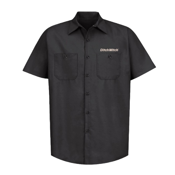 Black short‑sleeve button‑up work shirt with two chest pockets and an embroidered Ditch Witch wordmark on the left chest.