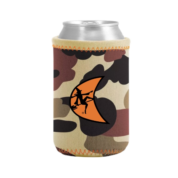 Camo neoprene can koozie featuring an orange Ditch Witch moon logo on the front.