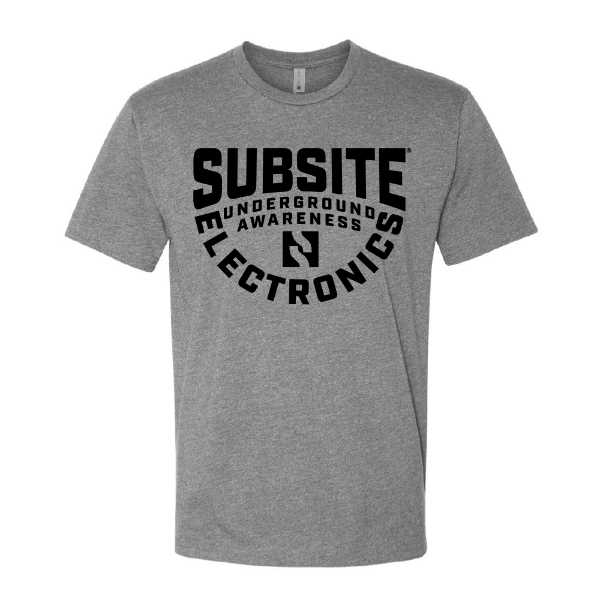 Heather gray short‑sleeve t‑shirt featuring a bold black “Subsite Underground Awareness Electronics” graphic across the chest.