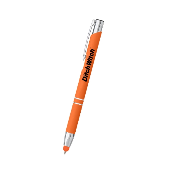 Orange stylus pen with Ditch Witch branding, chrome accents, and a touchscreen stylus tip.