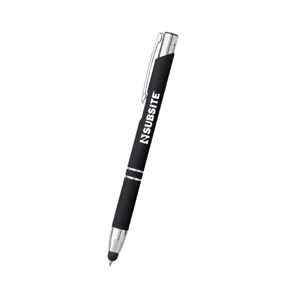 Black stylus pen with white Subsite branding, chrome accents, and a touchscreen stylus tip.