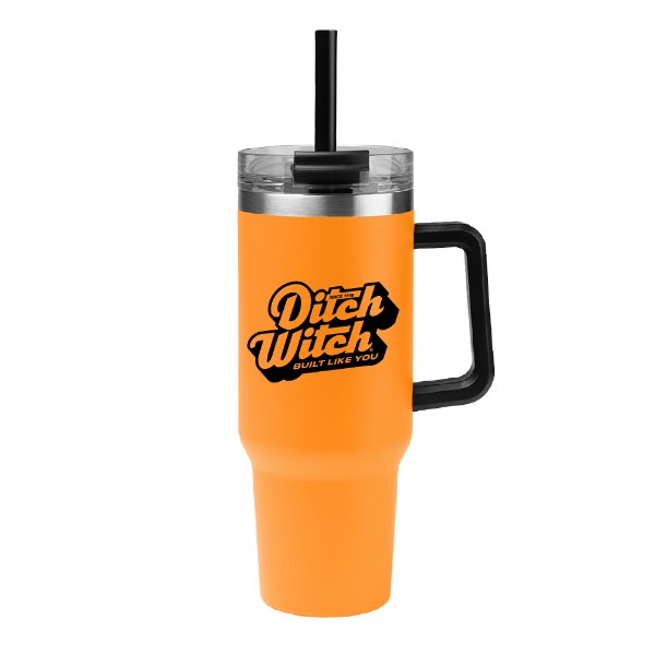 Orange 40 oz stainless steel tumbler with a handle, clear lid and straw, featuring a black Ditch Witch “Built Like You” logo.