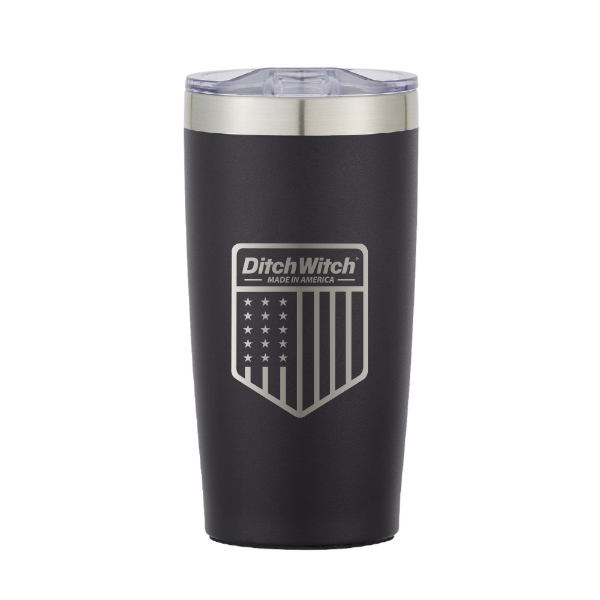 Black 20 oz stainless steel tumbler with a clear lid and brushed steel rim, featuring a Ditch Witch “Made in America” shield logo on the front.