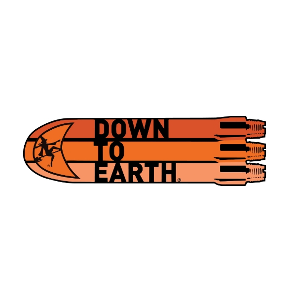Die‑cut Ditch Witch decal featuring an orange horizontal drill‑style design with the moon logo and “Down to Earth” text.