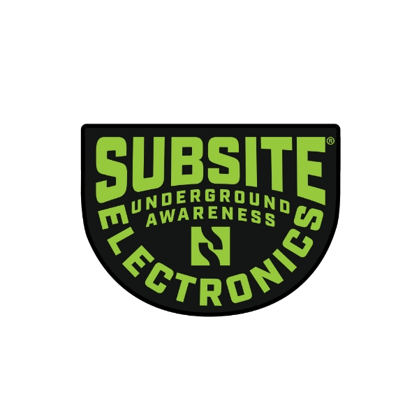 Shield‑shaped Subsite Electronics decal featuring bright green “Subsite Underground Awareness Electronics” text on a black background.