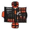 Opened Ditch Witch 45‑piece tool set showing organized hand tools including a hammer, wrench, pliers, screwdrivers, sockets, and bits inside a fold‑out tool bag.