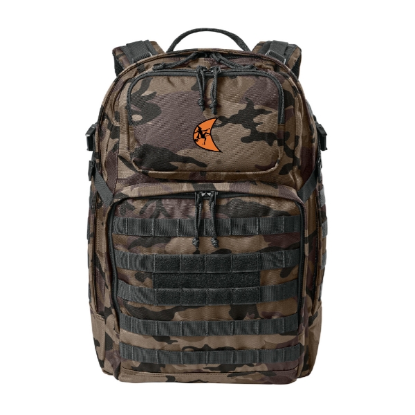 Camo tactical backpack with multiple zippered compartments, exterior webbing, adjustable shoulder straps, and an orange Ditch Witch moon logo on the front.