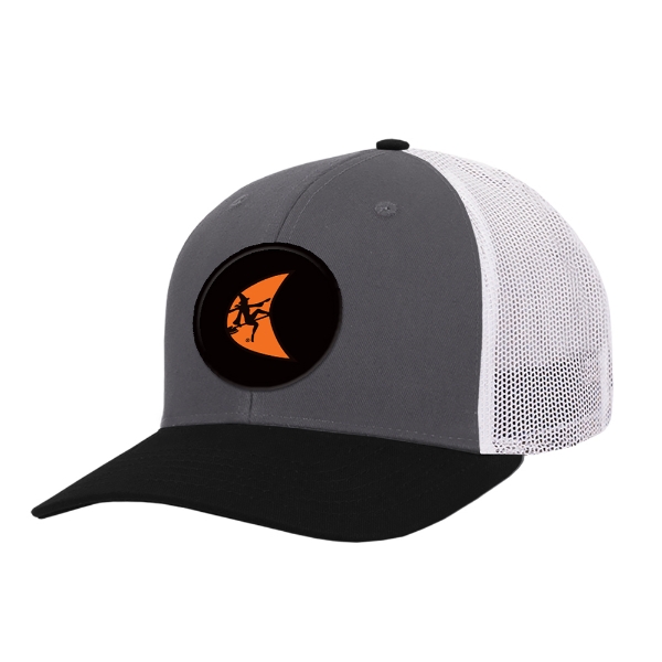 Grey and black trucker hat with a black Ditch Witch moon logo patch on the front and a white mesh back.